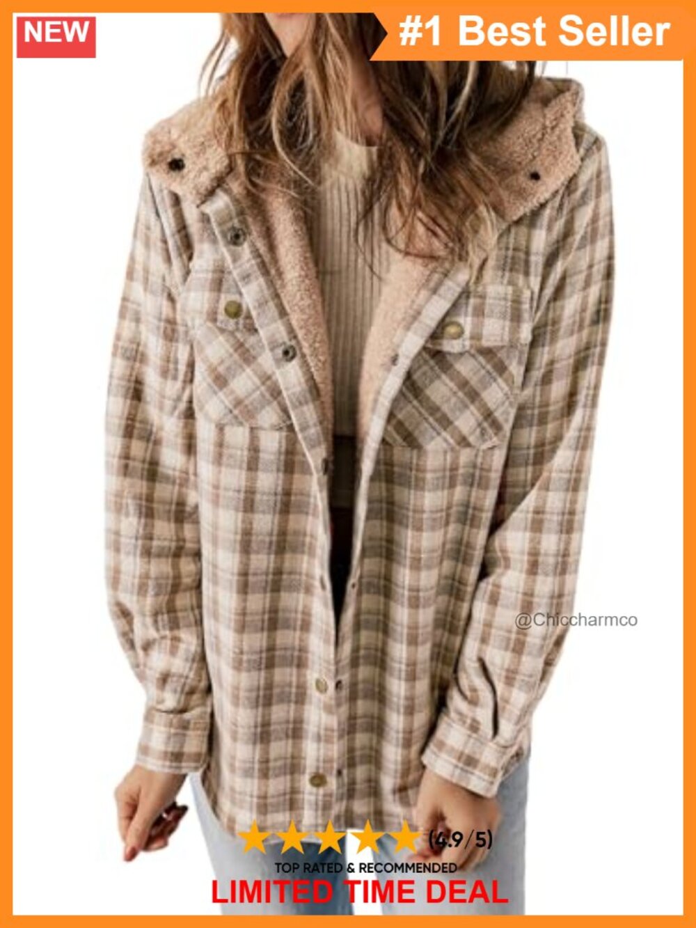Plaid Shacket Fleece Lined Hooded Button Front Jacket Loose Fit